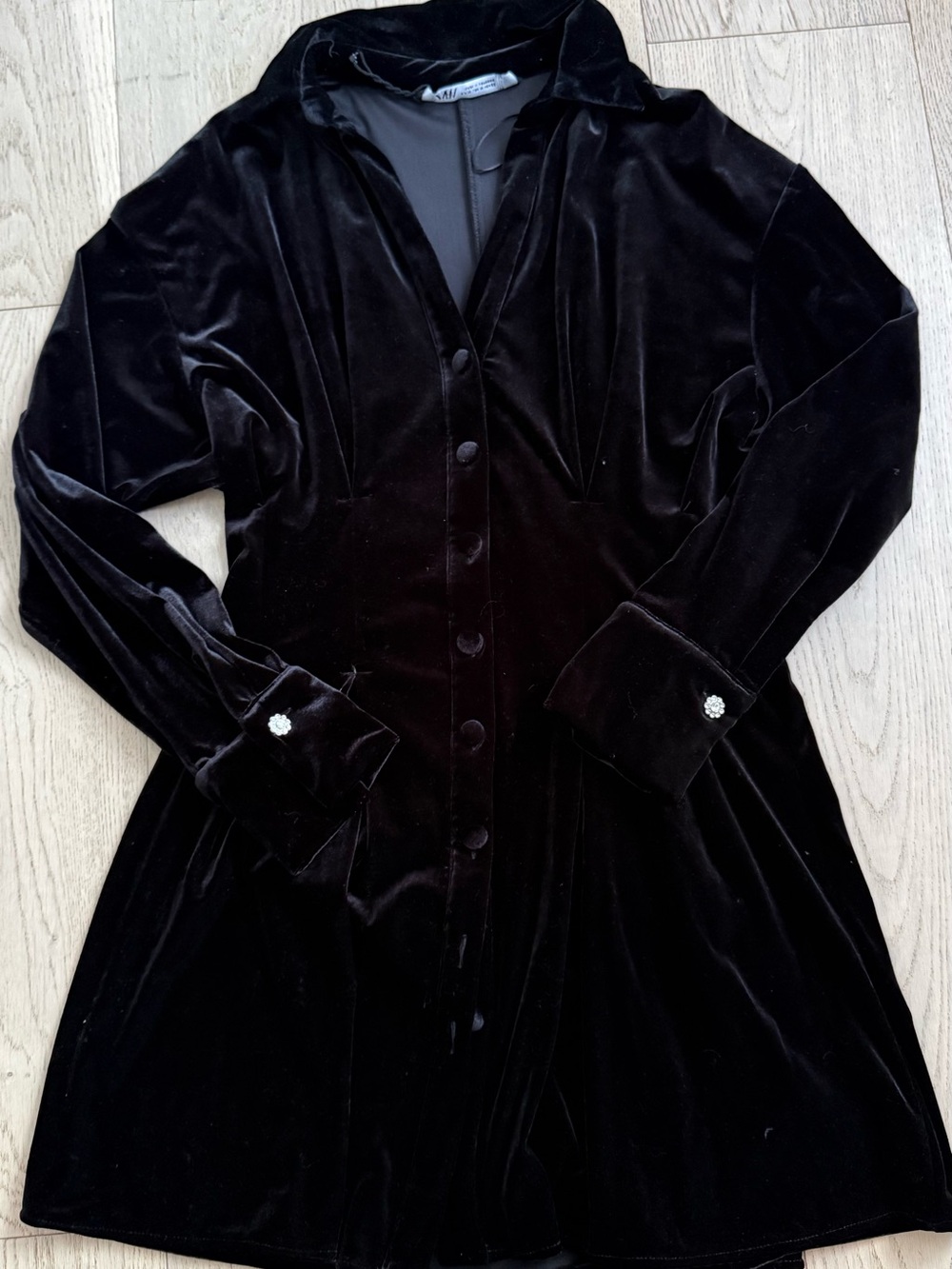 Zara Black Velvet Long-Sleeve Button Dress